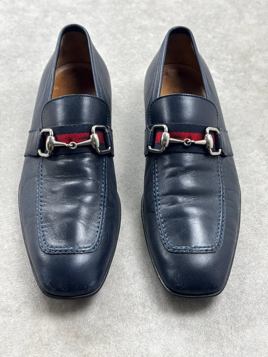 Gucci Navy Leather Horsebit Signature Stripe Loafers Shoes QFxSOkwM 3