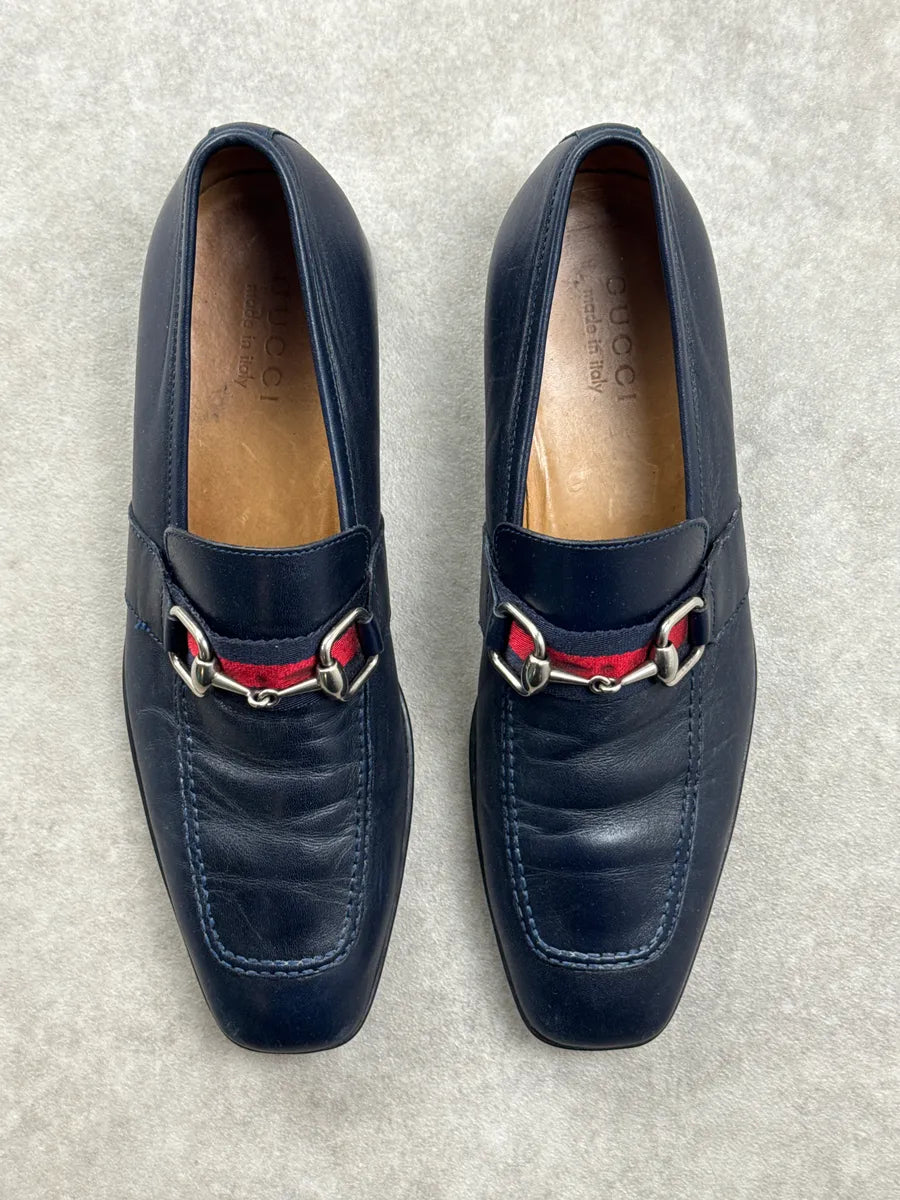 Gucci Navy Leather Horsebit Signature Stripe Loafers Shoes QFxSOkwM 5