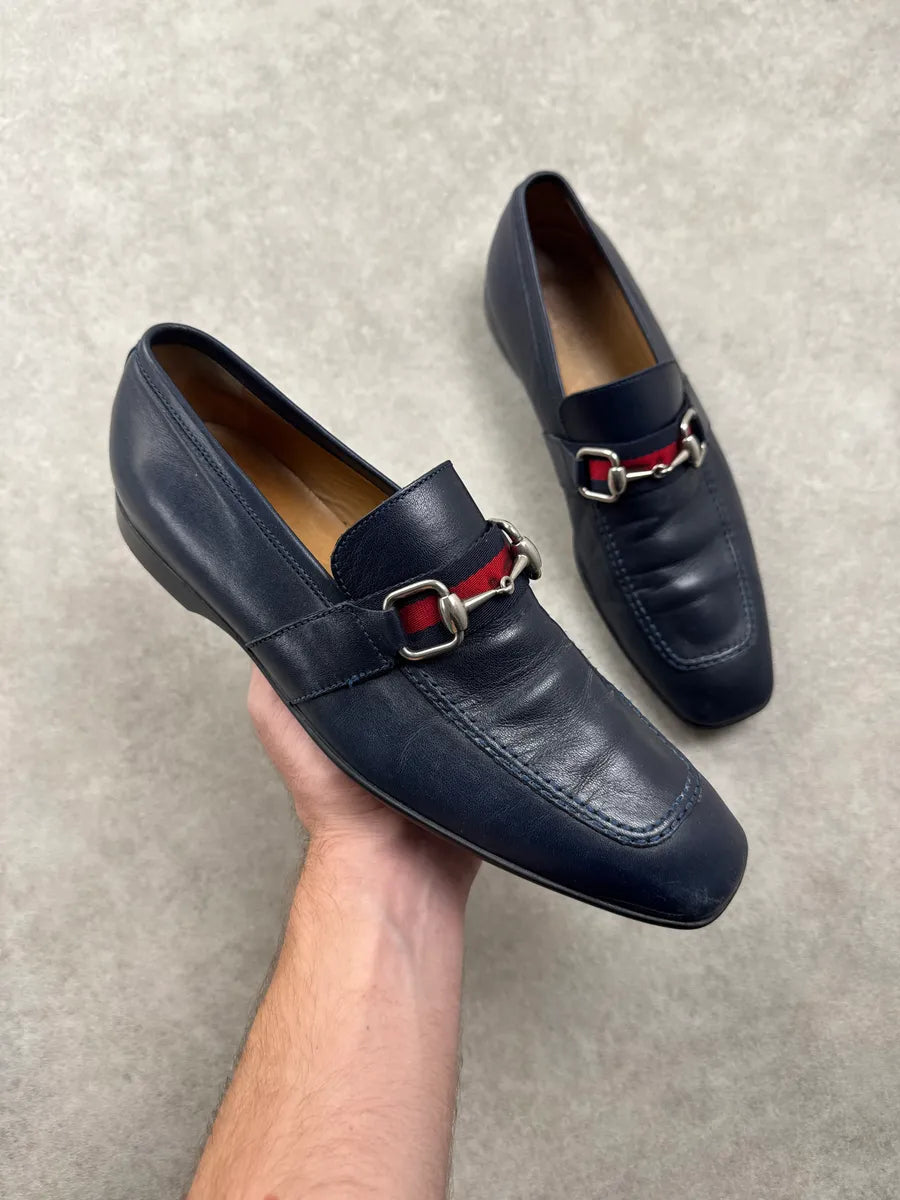 Gucci Navy Leather Horsebit Signature Stripe Loafers Shoes QFxSOkwM 0