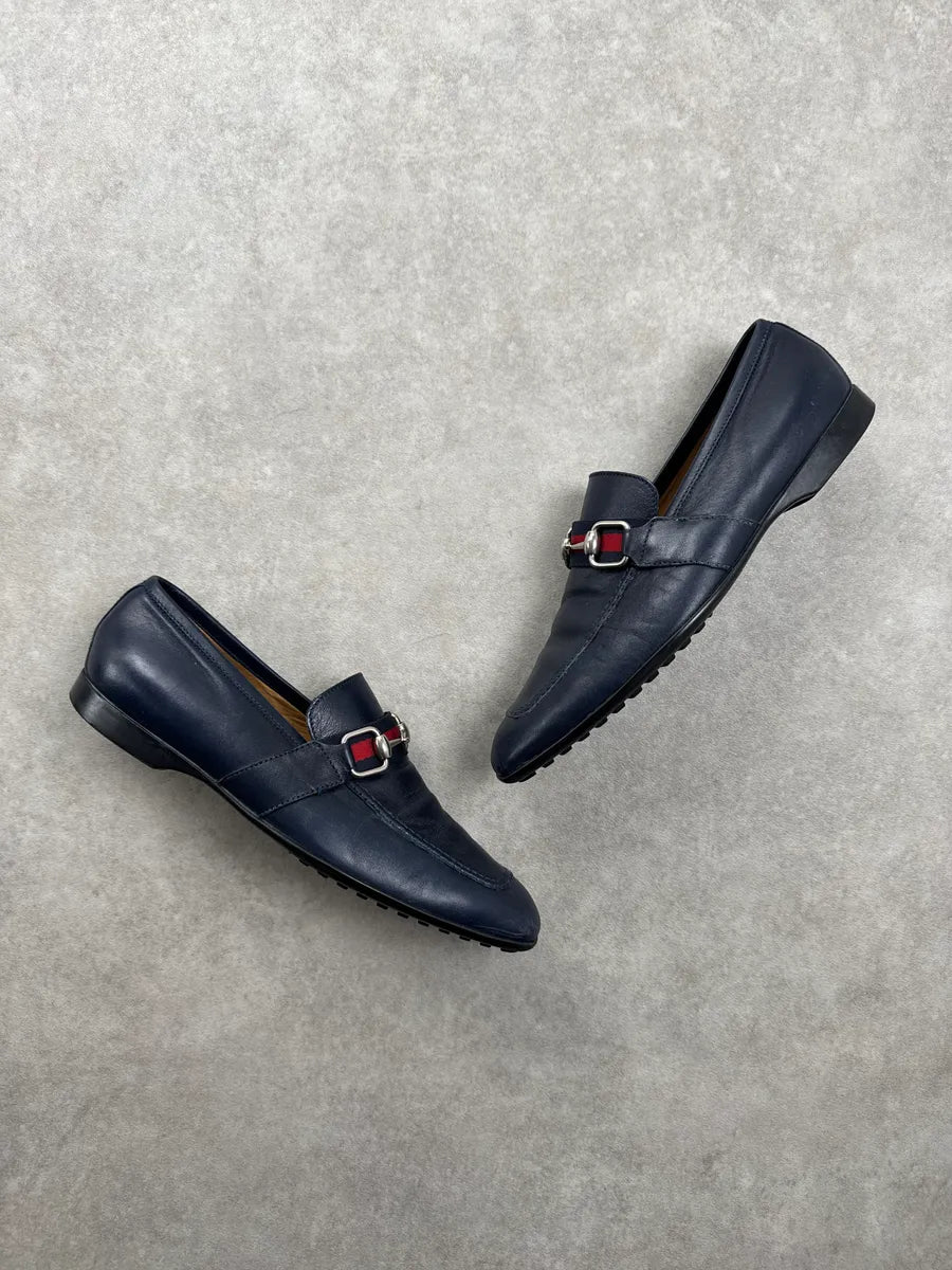 Gucci Navy Leather Horsebit Signature Stripe Loafers Shoes QFxSOkwM 2