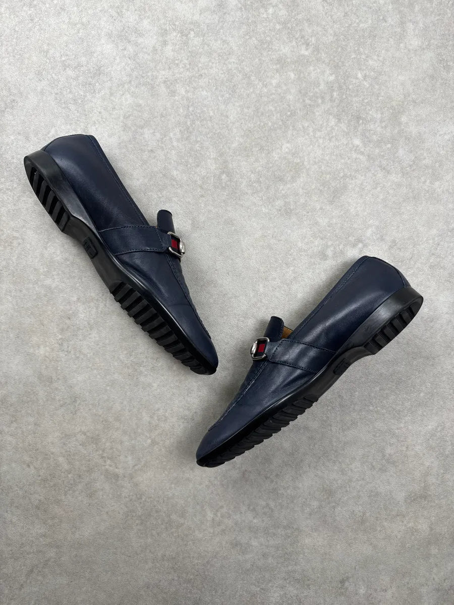 Gucci Navy Leather Horsebit Signature Stripe Loafers Shoes QFxSOkwM 6
