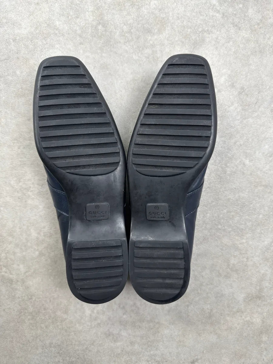 Gucci Navy Leather Horsebit Signature Stripe Loafers Shoes QFxSOkwM 8