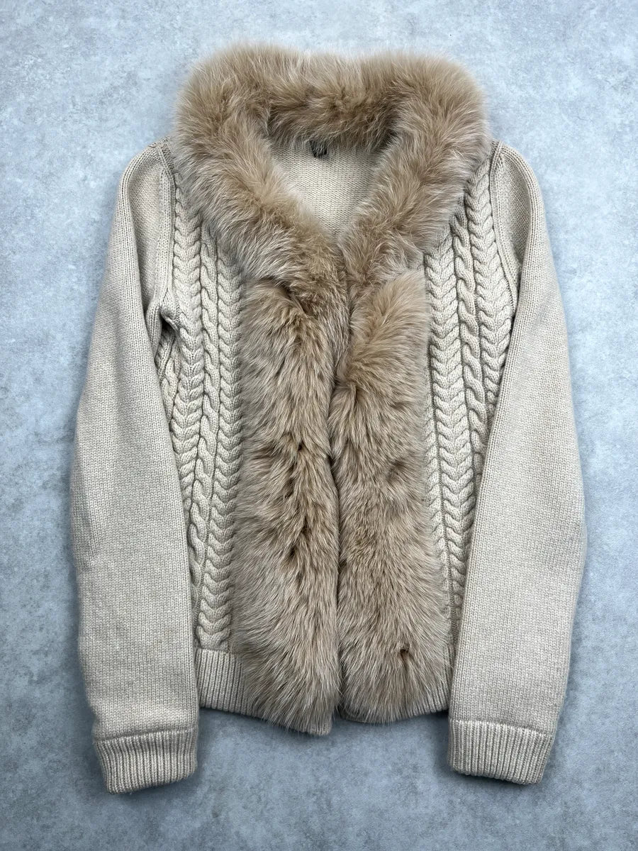 2000s Louis Vuitton Light Beige Wool Fox Fur Trim Cable Knit Sweater QLRsVziH 0