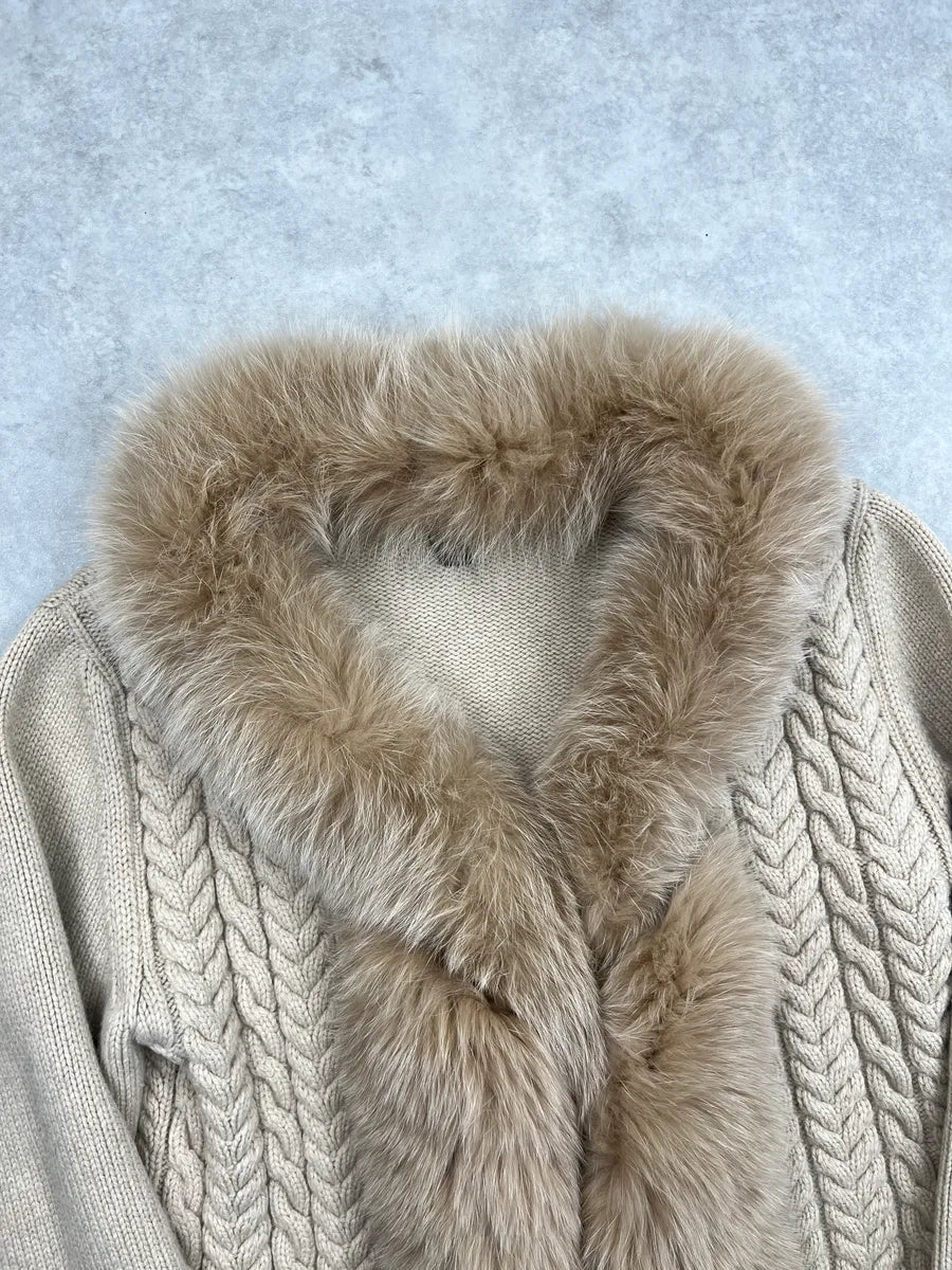 2000s Louis Vuitton Light Beige Wool Fox Fur Trim Cable Knit Sweater QLRsVziH 4