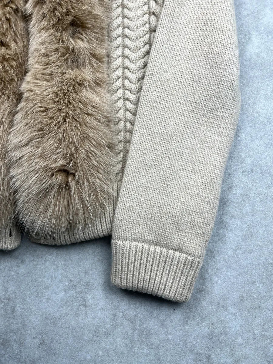 2000s Louis Vuitton Light Beige Wool Fox Fur Trim Cable Knit Sweater QLRsVziH 5