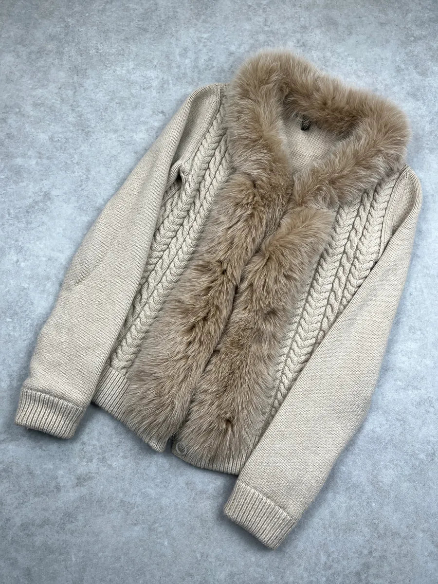 2000s Louis Vuitton Light Beige Wool Fox Fur Trim Cable Knit Sweater QLRsVziH 3