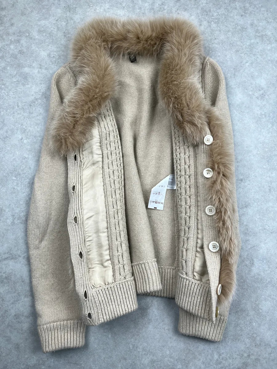 2000s Louis Vuitton Light Beige Wool Fox Fur Trim Cable Knit Sweater QLRsVziH 6