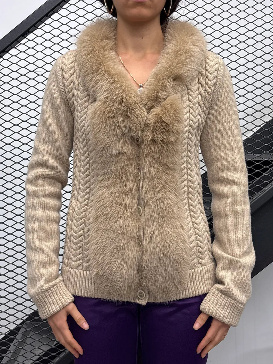 2000s Louis Vuitton Light Beige Wool Fox Fur Trim Cable Knit Sweater QLRsVziH 1