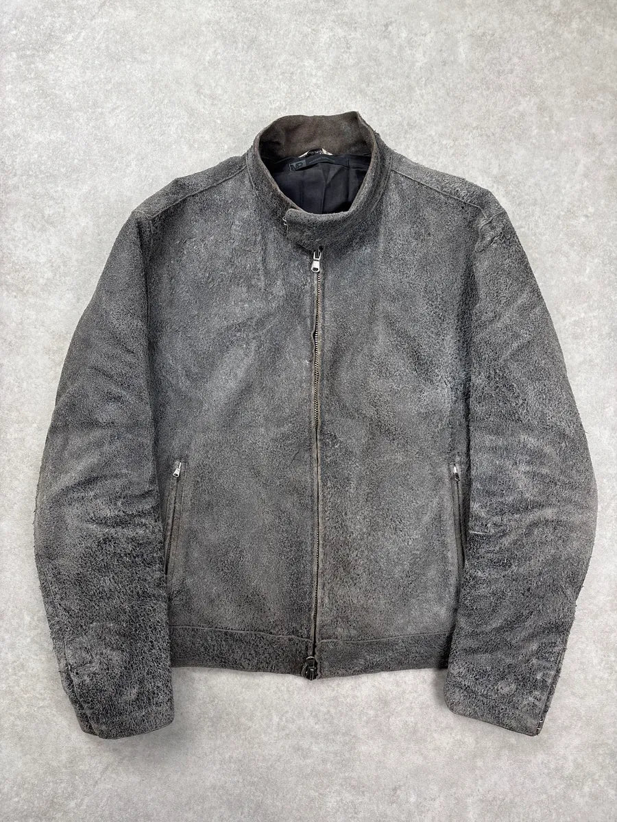 Massimo Rebecchi Grey Suede Distressed Moto Leather Jacket QRauIBND 0