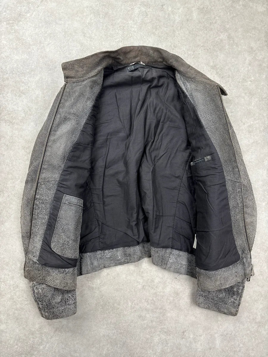 Massimo Rebecchi Grey Suede Distressed Moto Leather Jacket QRauIBND 3