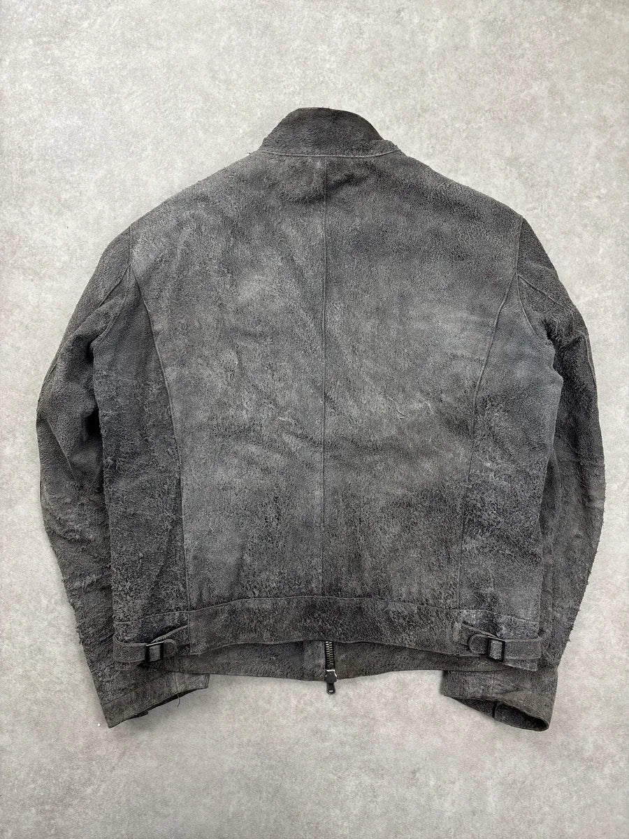 Massimo Rebecchi Grey Suede Distressed Moto Leather Jacket QRauIBND 4