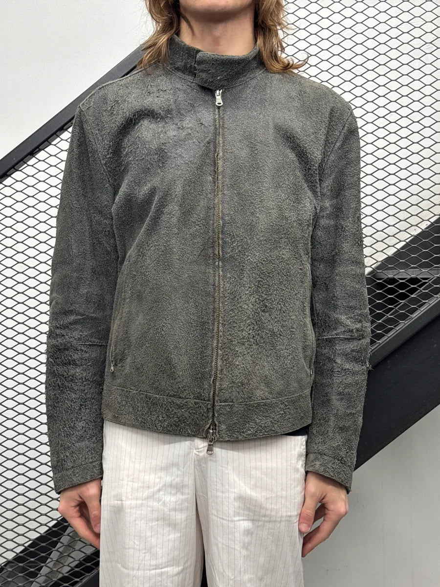 Massimo Rebecchi Grey Suede Distressed Moto Leather Jacket QRauIBND 1