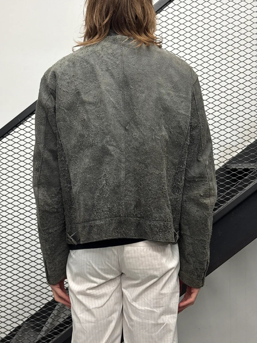 Massimo Rebecchi Grey Suede Distressed Moto Leather Jacket QRauIBND 2