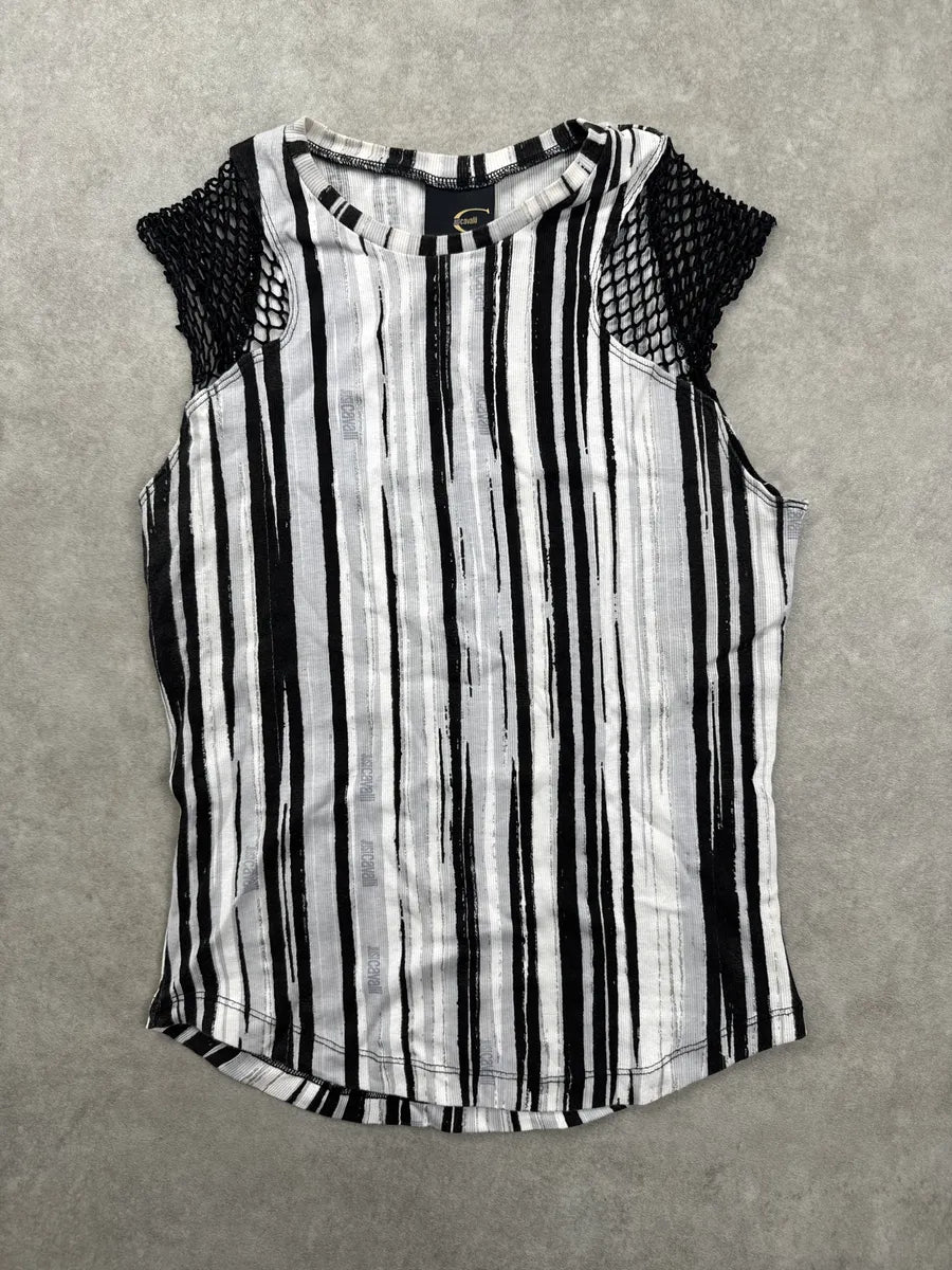 2000s Cavalli Black Vertical Stripe Mesh Shoulder Tank Top QUjrFBPn 2