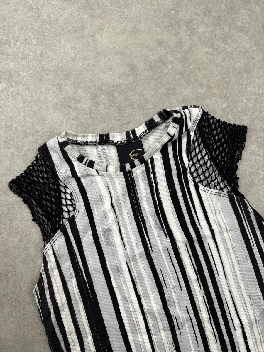 2000s Cavalli Black Vertical Stripe Mesh Shoulder Tank Top QUjrFBPn 6