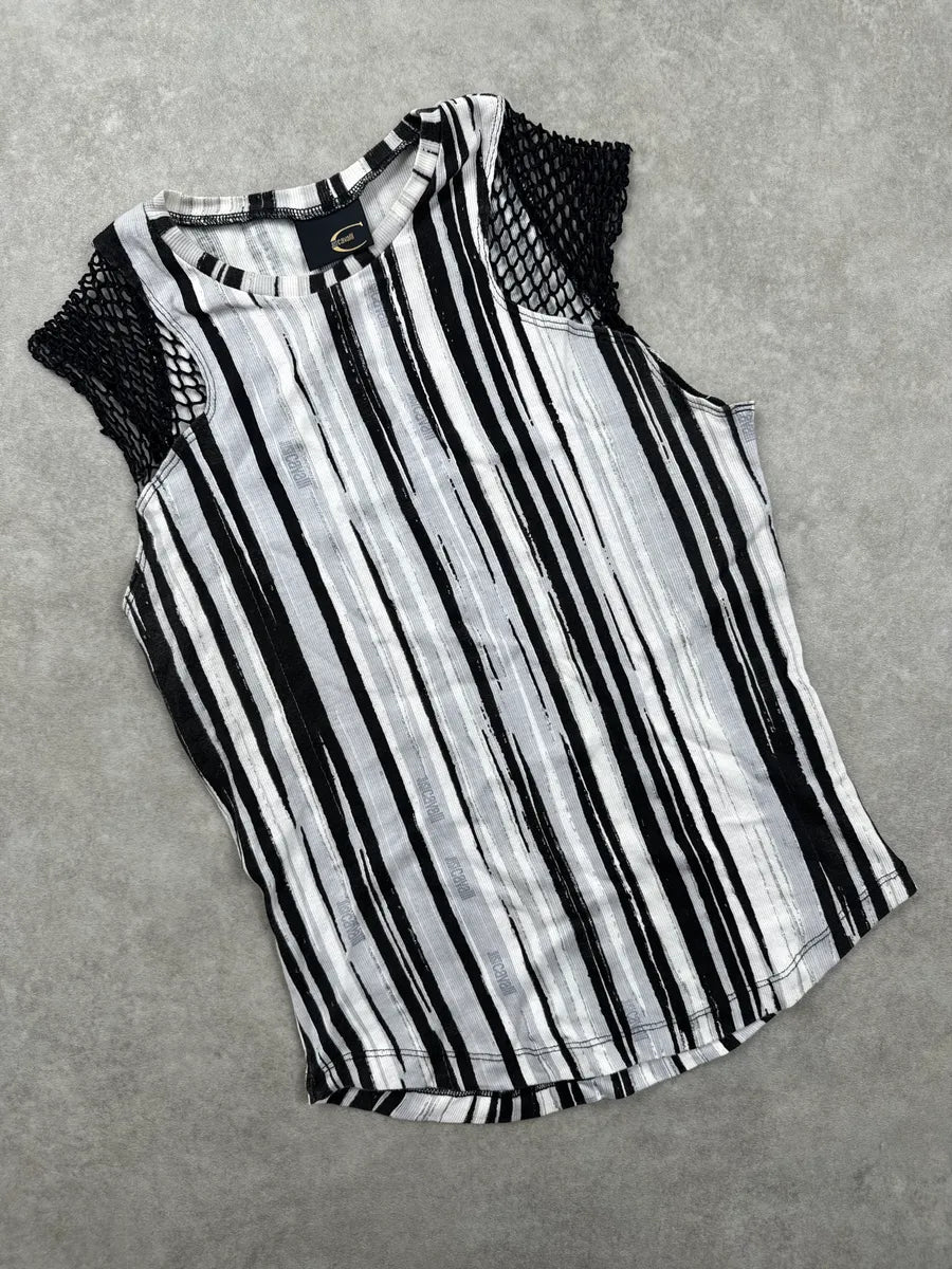 2000s Cavalli Black Vertical Stripe Mesh Shoulder Tank Top QUjrFBPn 4