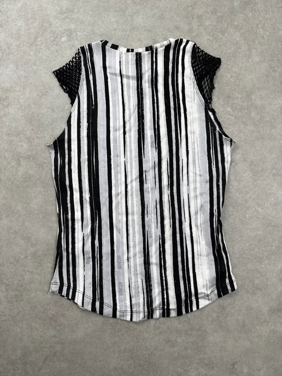 2000s Cavalli Black Vertical Stripe Mesh Shoulder Tank Top QUjrFBPn 5