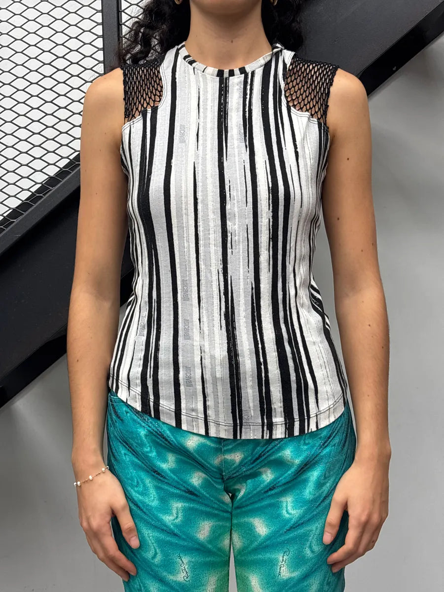 2000s Cavalli Black Vertical Stripe Mesh Shoulder Tank Top QUjrFBPn 0