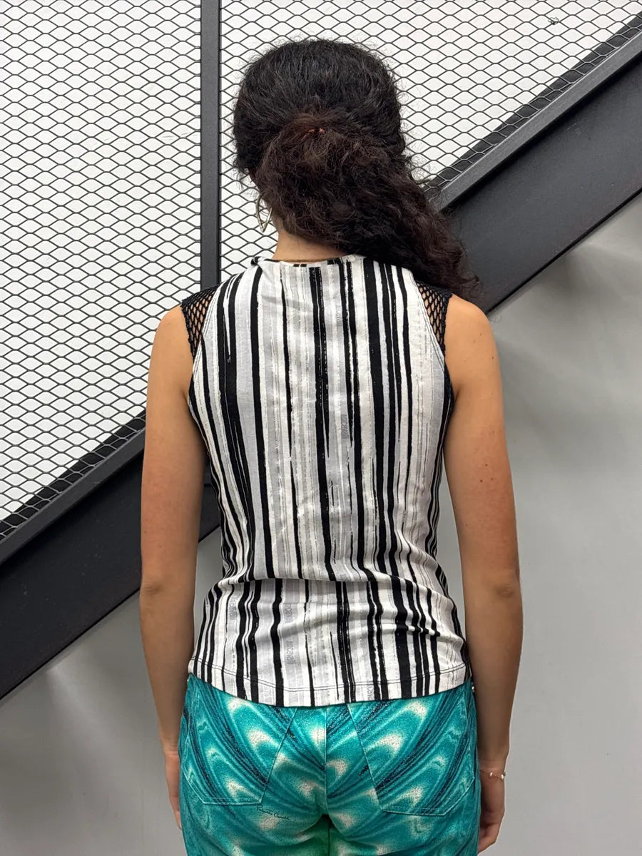 2000s Cavalli Black Vertical Stripe Mesh Shoulder Tank Top QUjrFBPn 1
