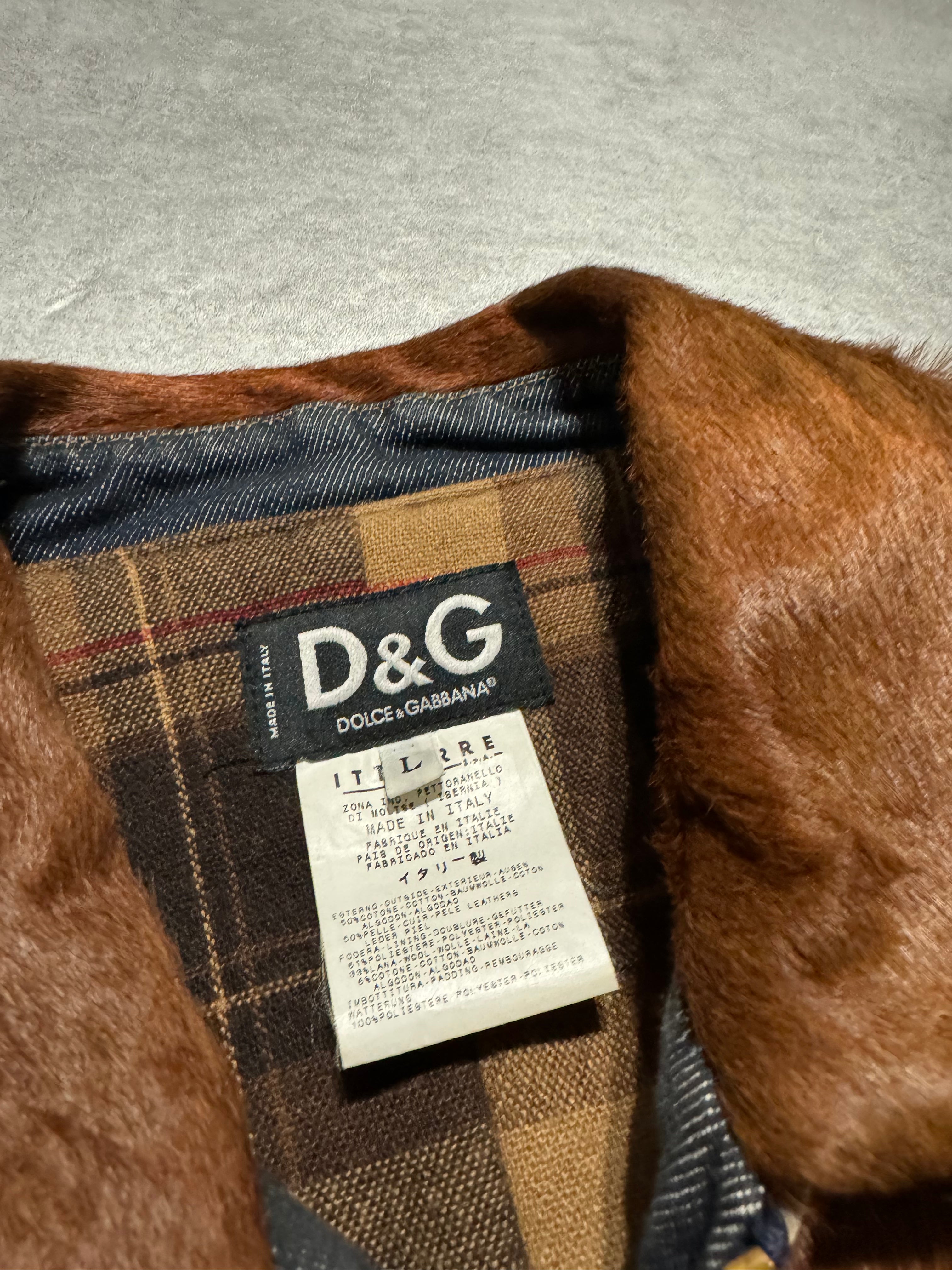 FW2005 Dolce & Gabbana Pony Hair Brown Denim Structured Biker Jacket (L) - 13