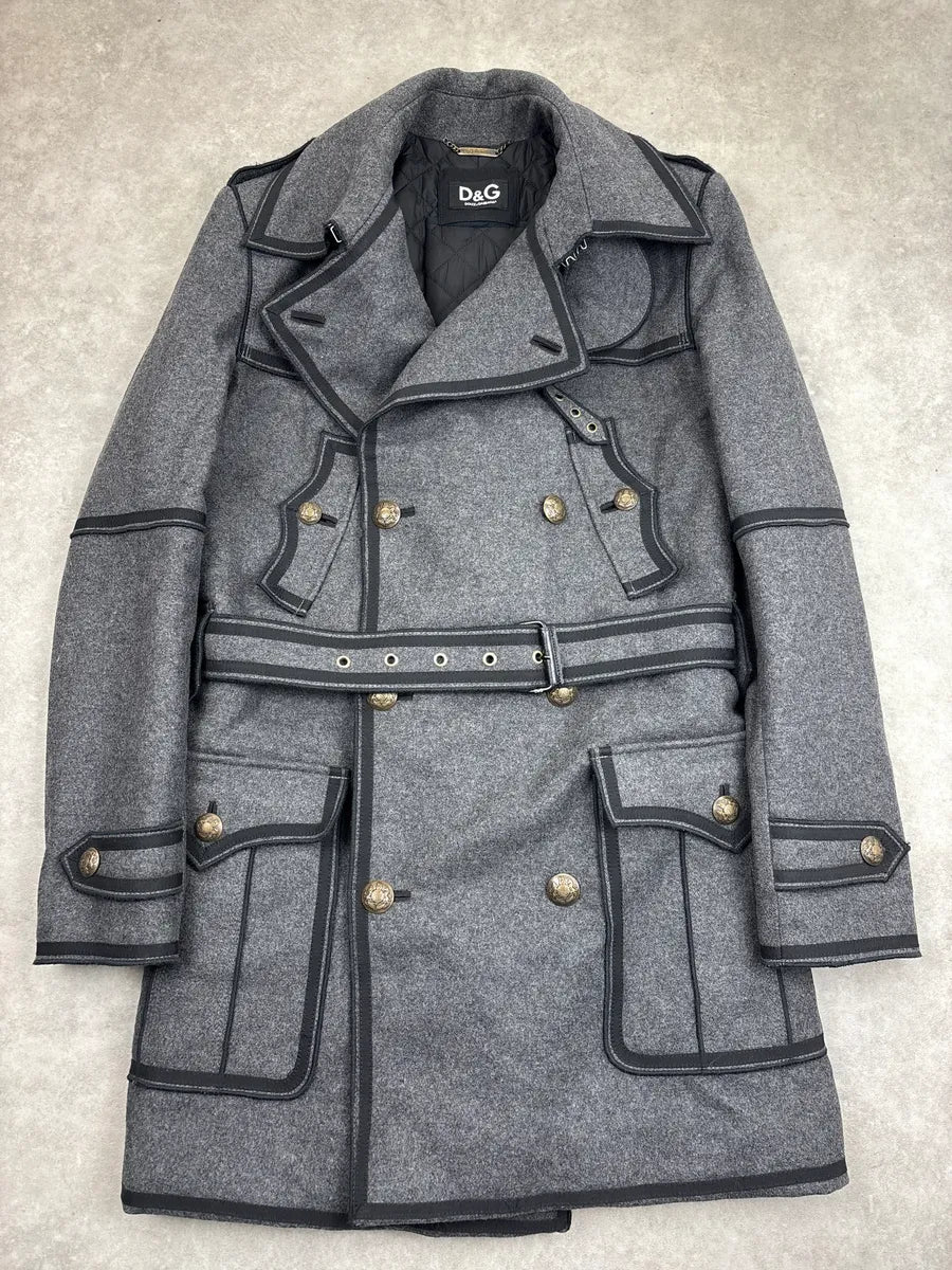 AW2009 Dolce & Gabbana Grey Wool Double-Breasted Officer Long Coat QZjBiRQl 0