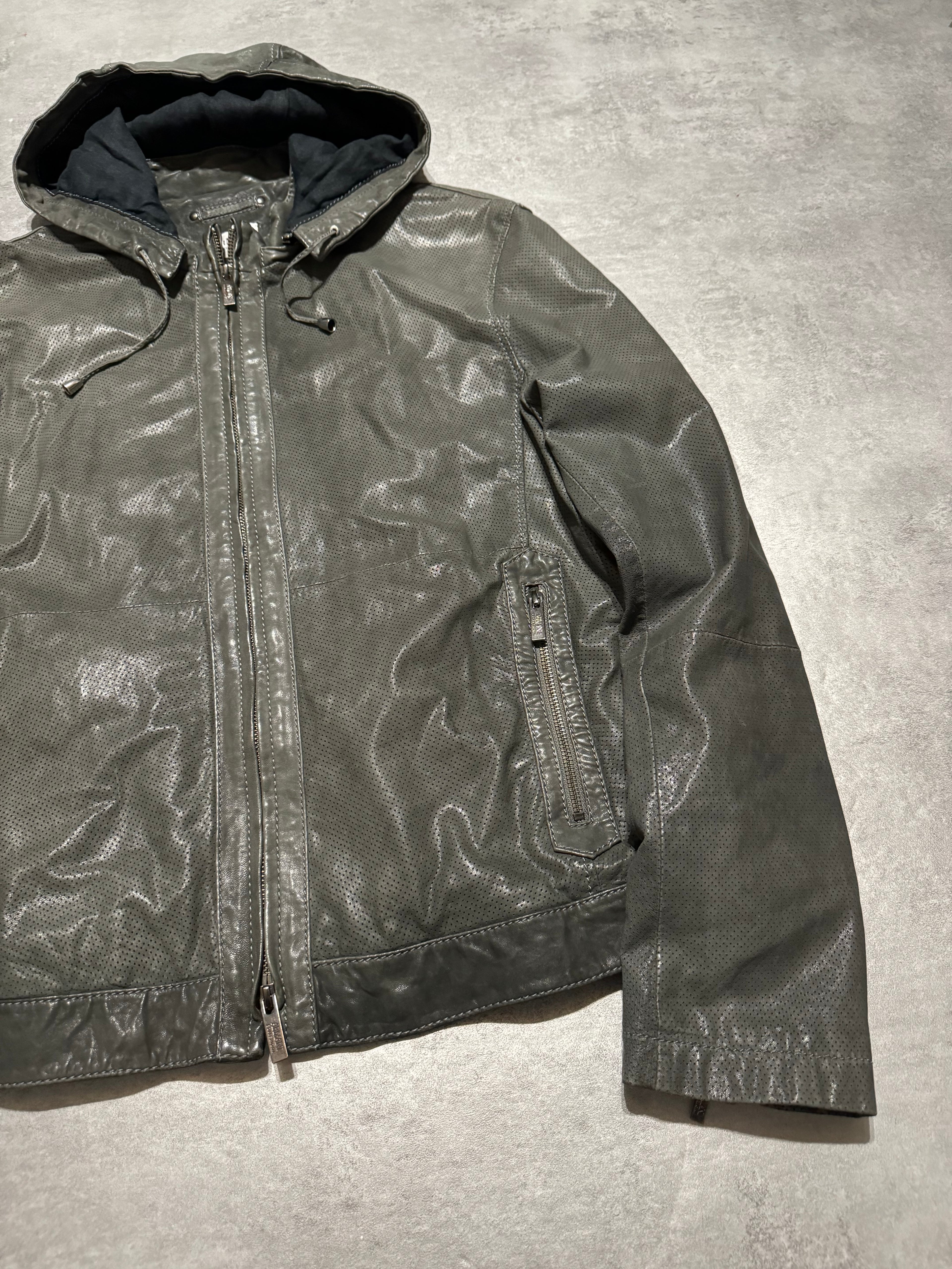 AW1998 Armani Collezioni Hooded Perfored Grey Leather Jacket (L) - 13