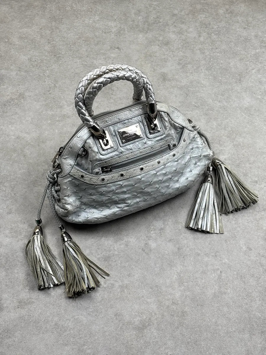 1990s Gianni Versace Couture Silver Leather Ostrich-Embossed Tassel Handle Bag QgmFcRrw 0