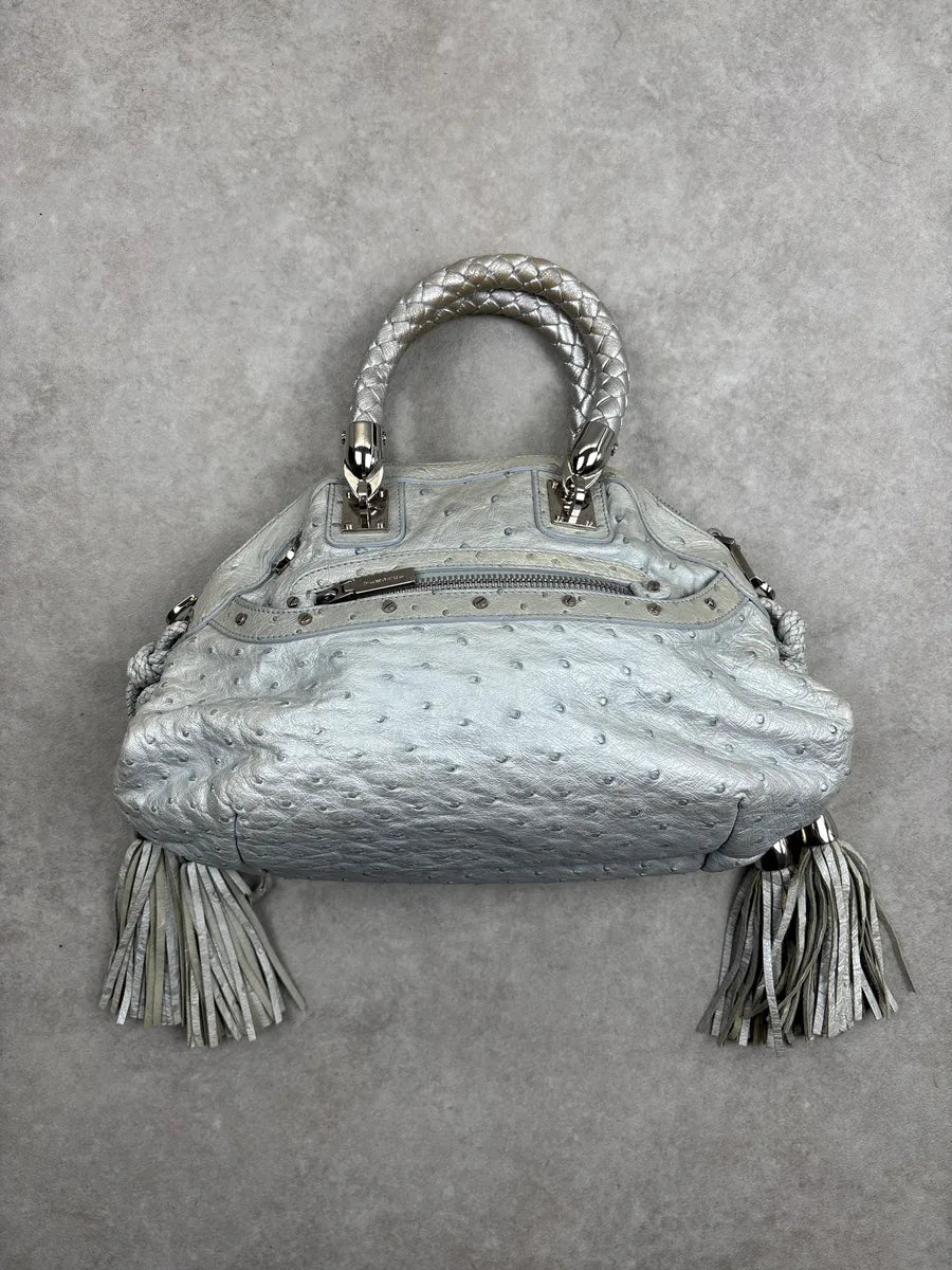 1990s Gianni Versace Couture Silver Leather Ostrich-Embossed Tassel Handle Bag QgmFcRrw 5