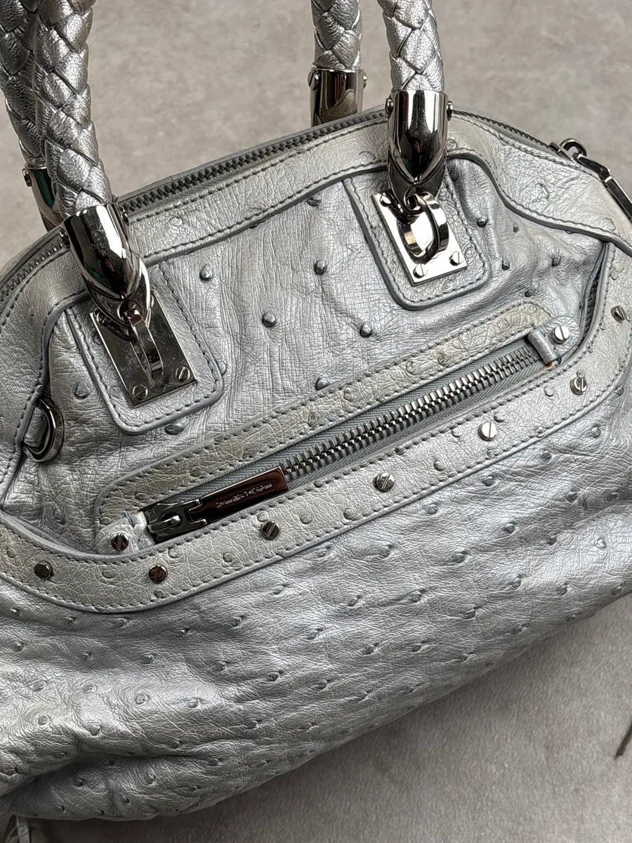 1990s Gianni Versace Couture Silver Leather Ostrich-Embossed Tassel Handle Bag QgmFcRrw 12