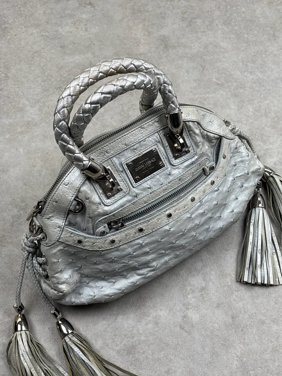 1990s Gianni Versace Couture Silver Leather Ostrich-Embossed Tassel Handle Bag QgmFcRrw 4