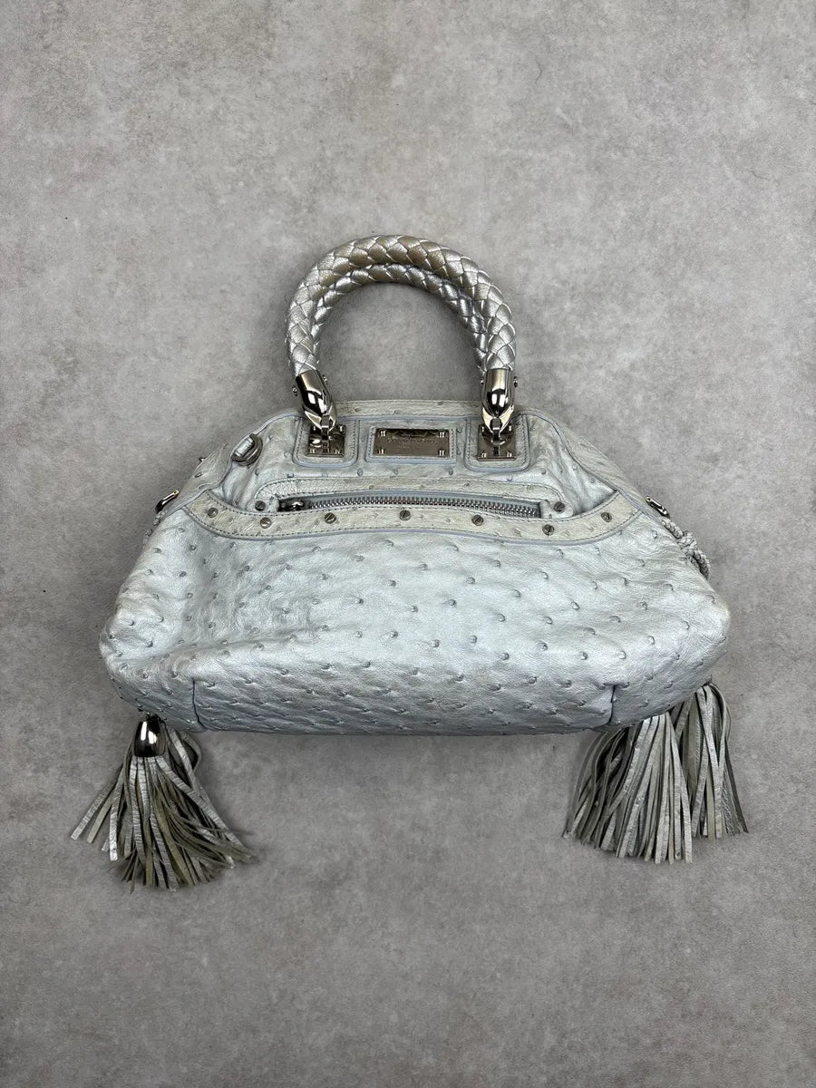 1990s Gianni Versace Couture Silver Leather Ostrich-Embossed Tassel Handle Bag QgmFcRrw 3