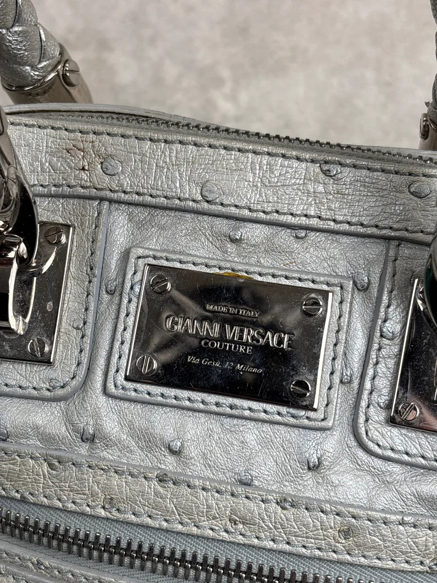 1990s Gianni Versace Couture Silver Leather Ostrich-Embossed Tassel Handle Bag QgmFcRrw 16