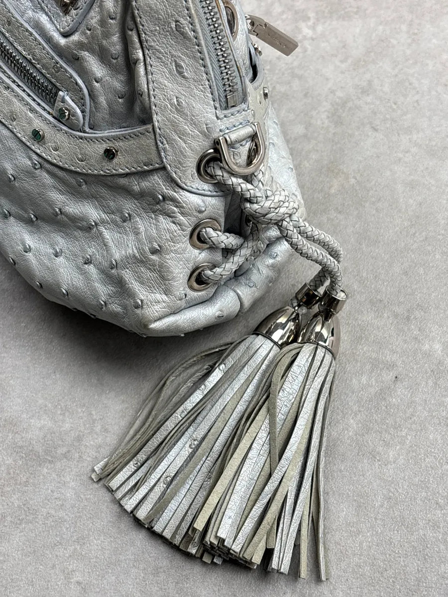 1990s Gianni Versace Couture Silver Leather Ostrich-Embossed Tassel Handle Bag QgmFcRrw 8