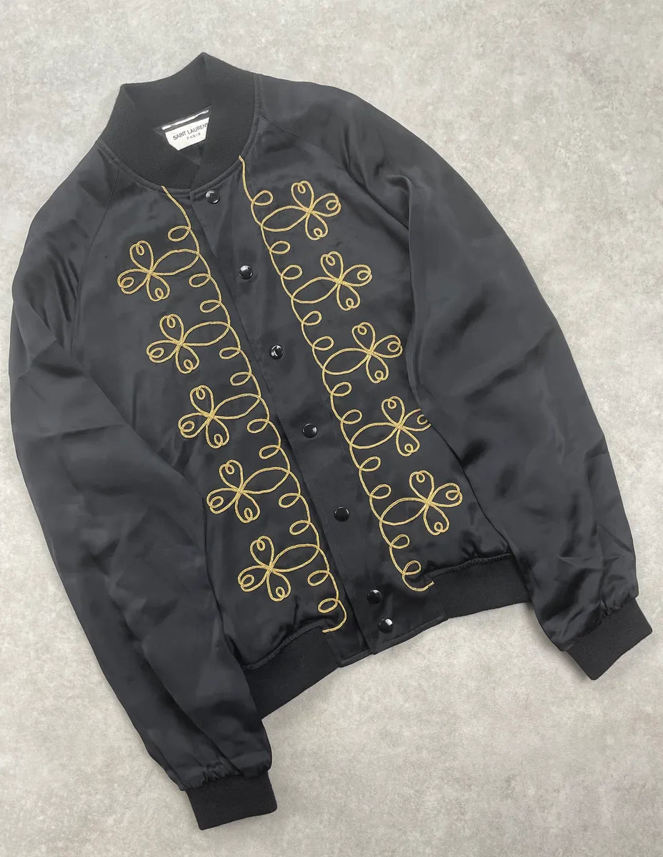 SS2015 Saint Laurent Black Satin Napoleon Bomber Jacket by Hedi Slimane  QjjgHAHQ 4