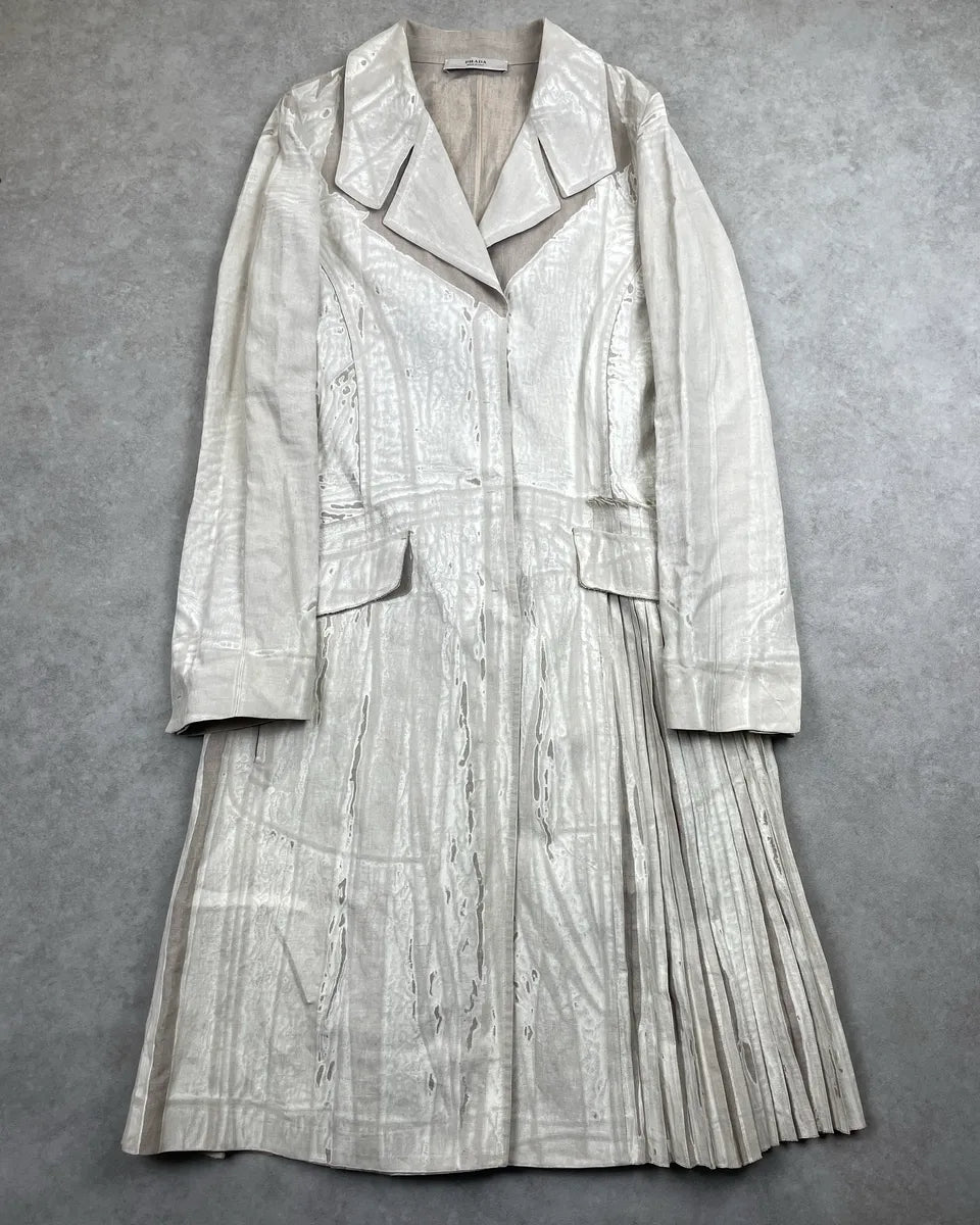 SS2006 Prada Light Grey & Beige Linen Textured Coated Pleated Long Coat QogpvNbw 0