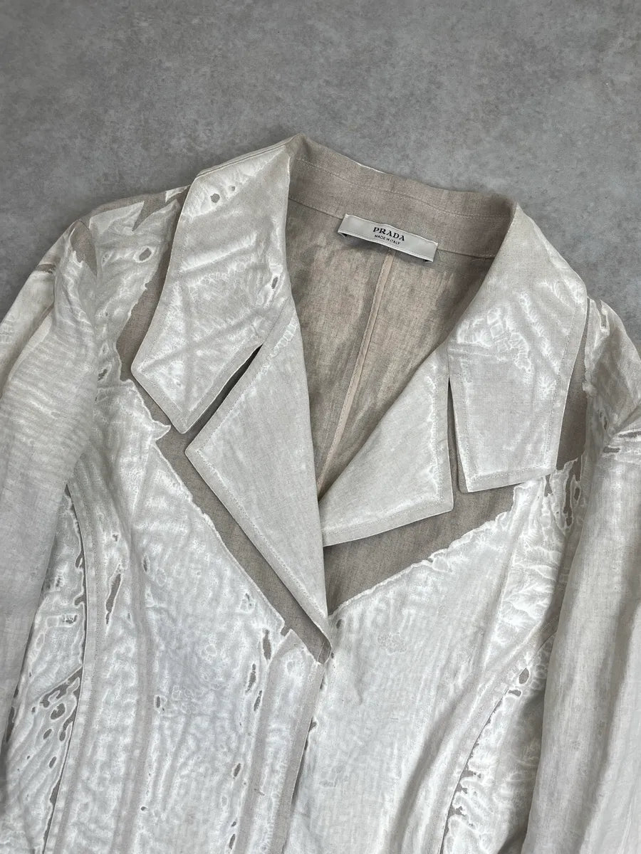 SS2006 Prada Light Grey & Beige Linen Textured Coated Pleated Long Coat QogpvNbw 7