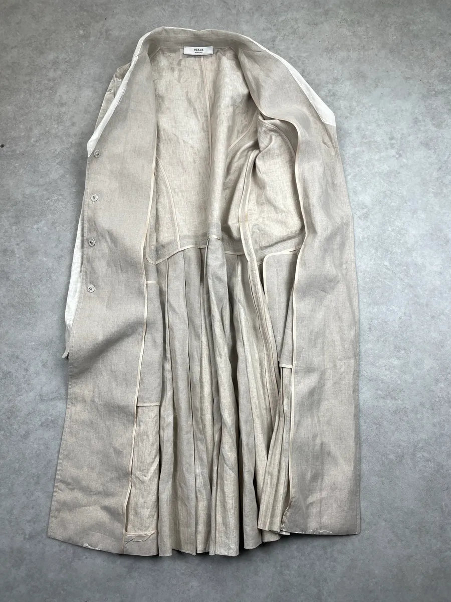 SS2006 Prada Light Grey & Beige Linen Textured Coated Pleated Long Coat QogpvNbw 4