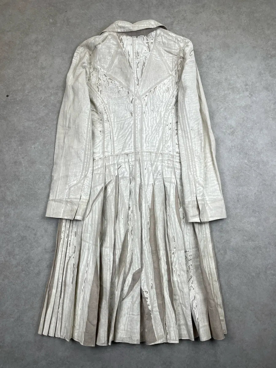 SS2006 Prada Light Grey & Beige Linen Textured Coated Pleated Long Coat QogpvNbw 5