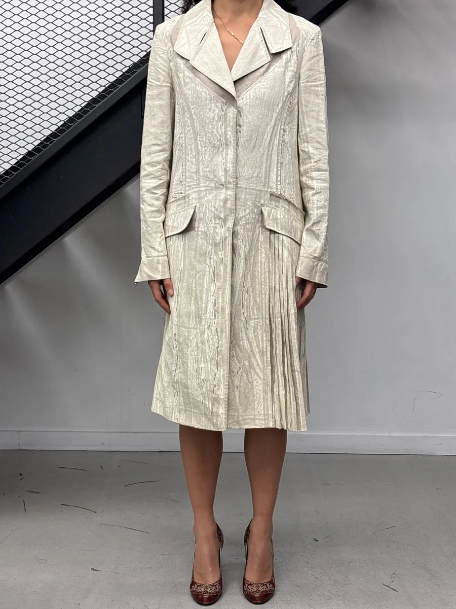 SS2006 Prada Light Grey & Beige Linen Textured Coated Pleated Long Coat QogpvNbw 2