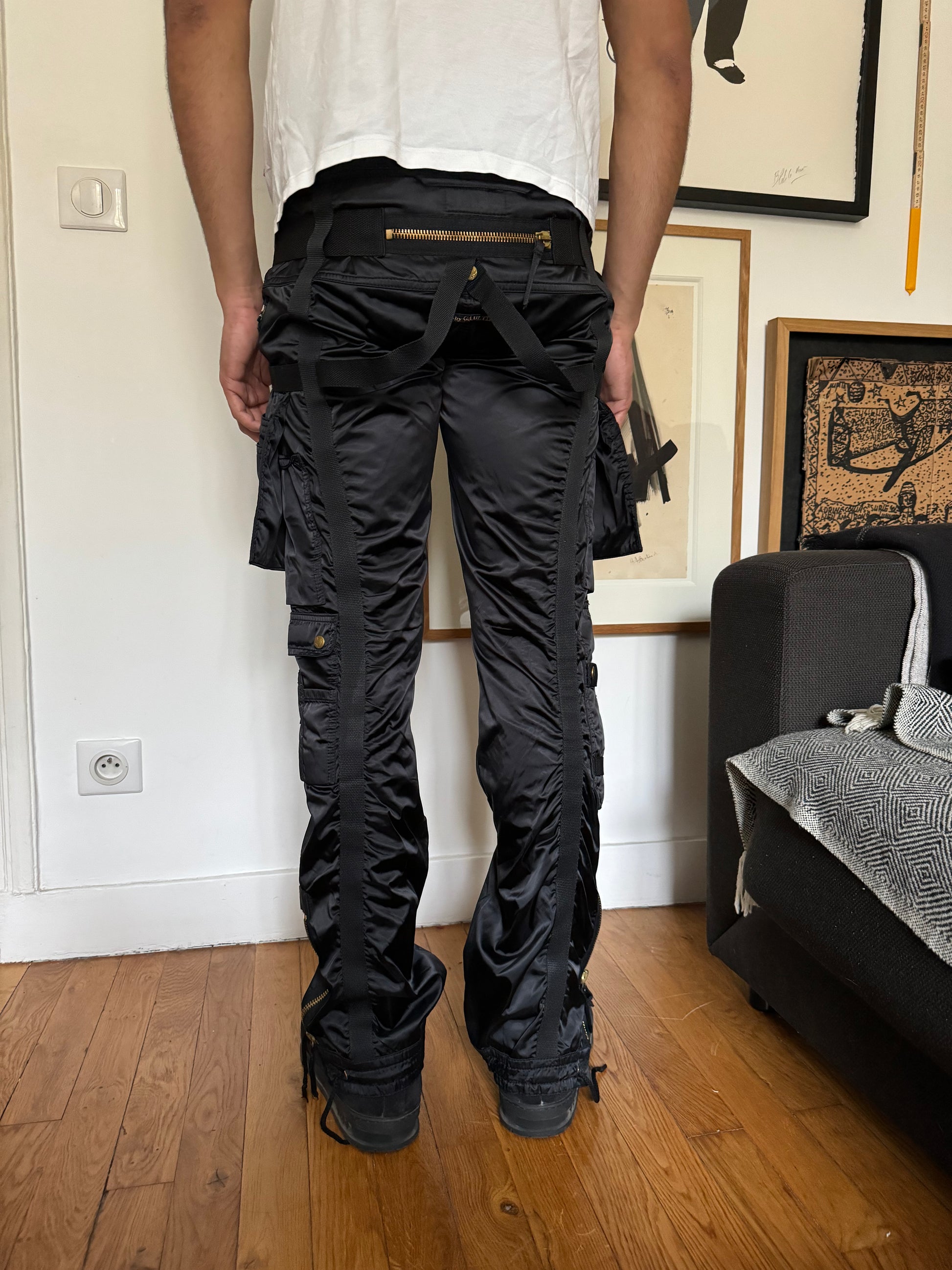 AW2003 Jean Paul Gaultier Bondage Black Cargo Parachute Nylon Pants (S) - 5