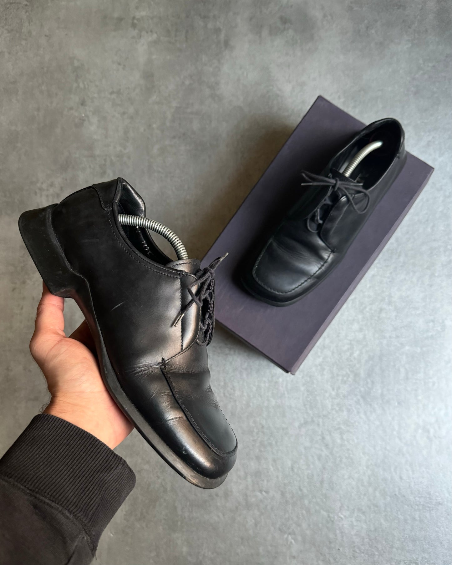 FW1999 Prada Black Leather Derby Square Toe Shoes (40) - 1