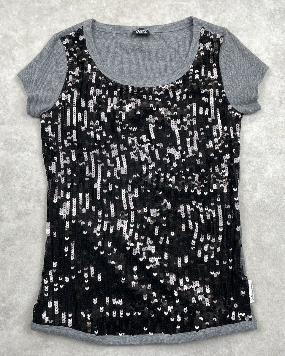 2000s Dolce & Gabbana Grey Sequin Front Knit T-Shirt QvEFaxfA 0