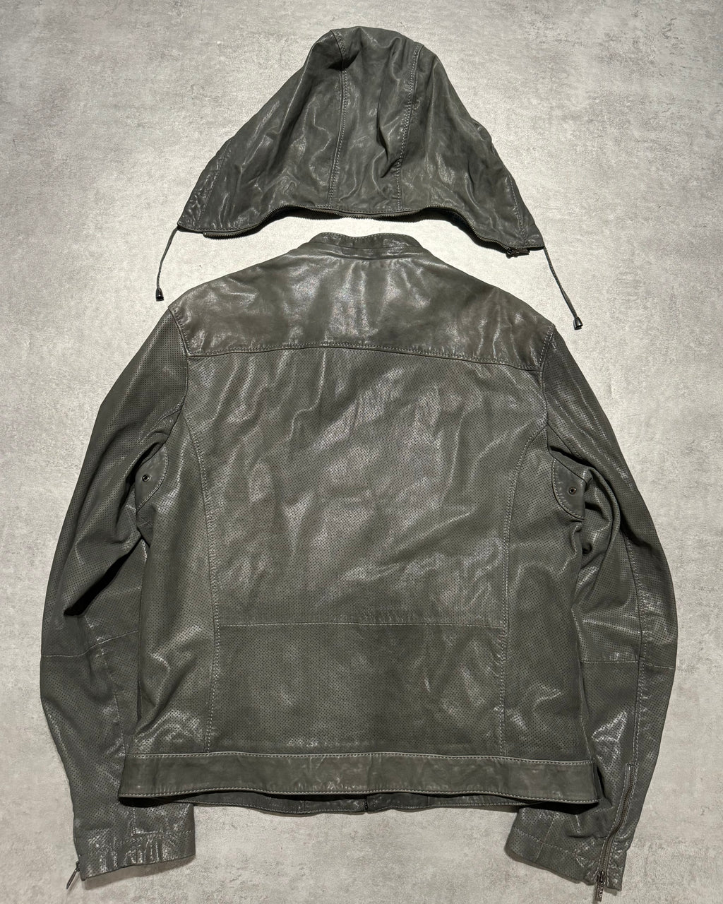 AW1998 Armani Collezioni Hooded Perfored Grey Leather Jacket (L) - 6