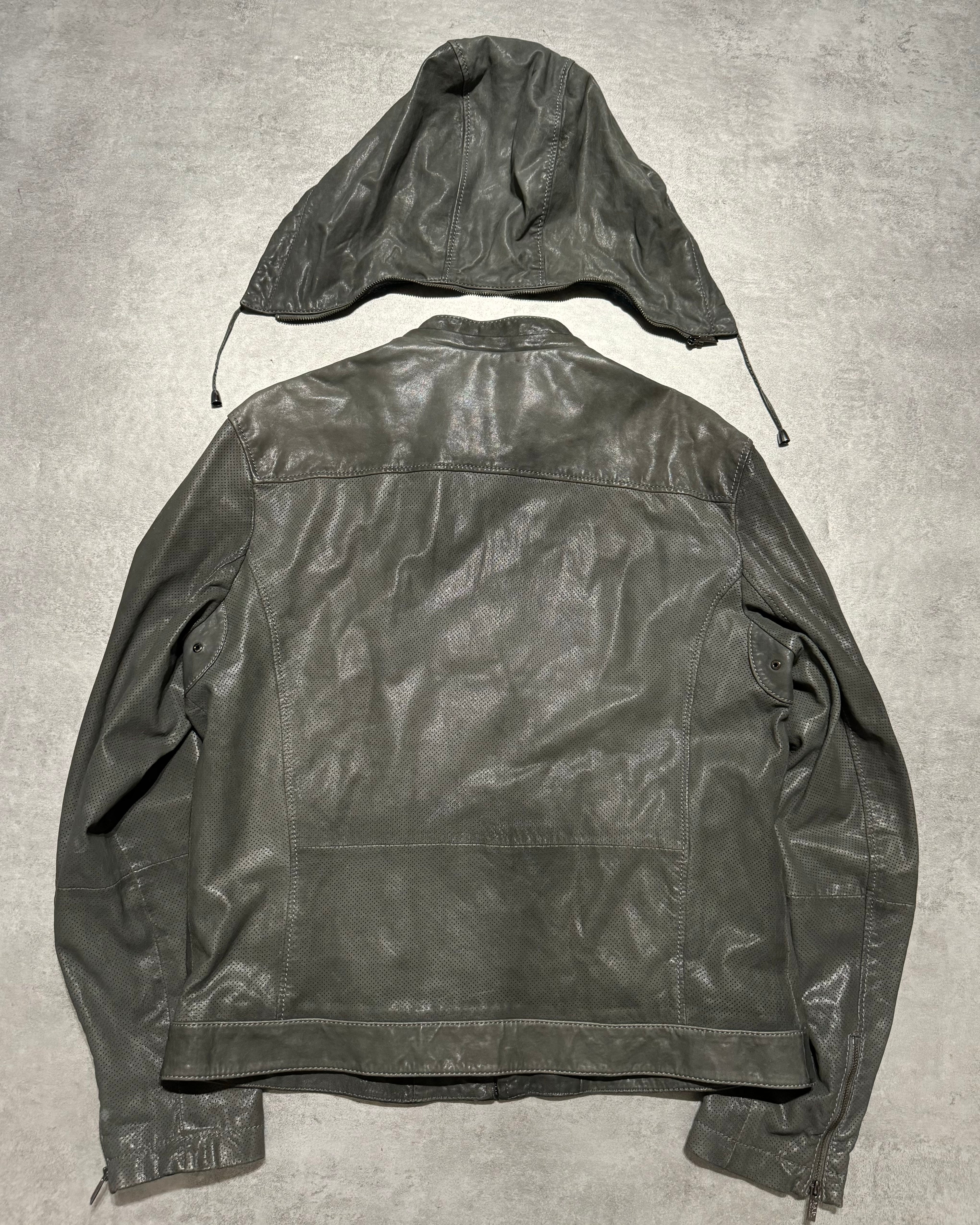 AW1998 Armani Collezioni Hooded Perfored Grey Leather Jacket (L) - 6