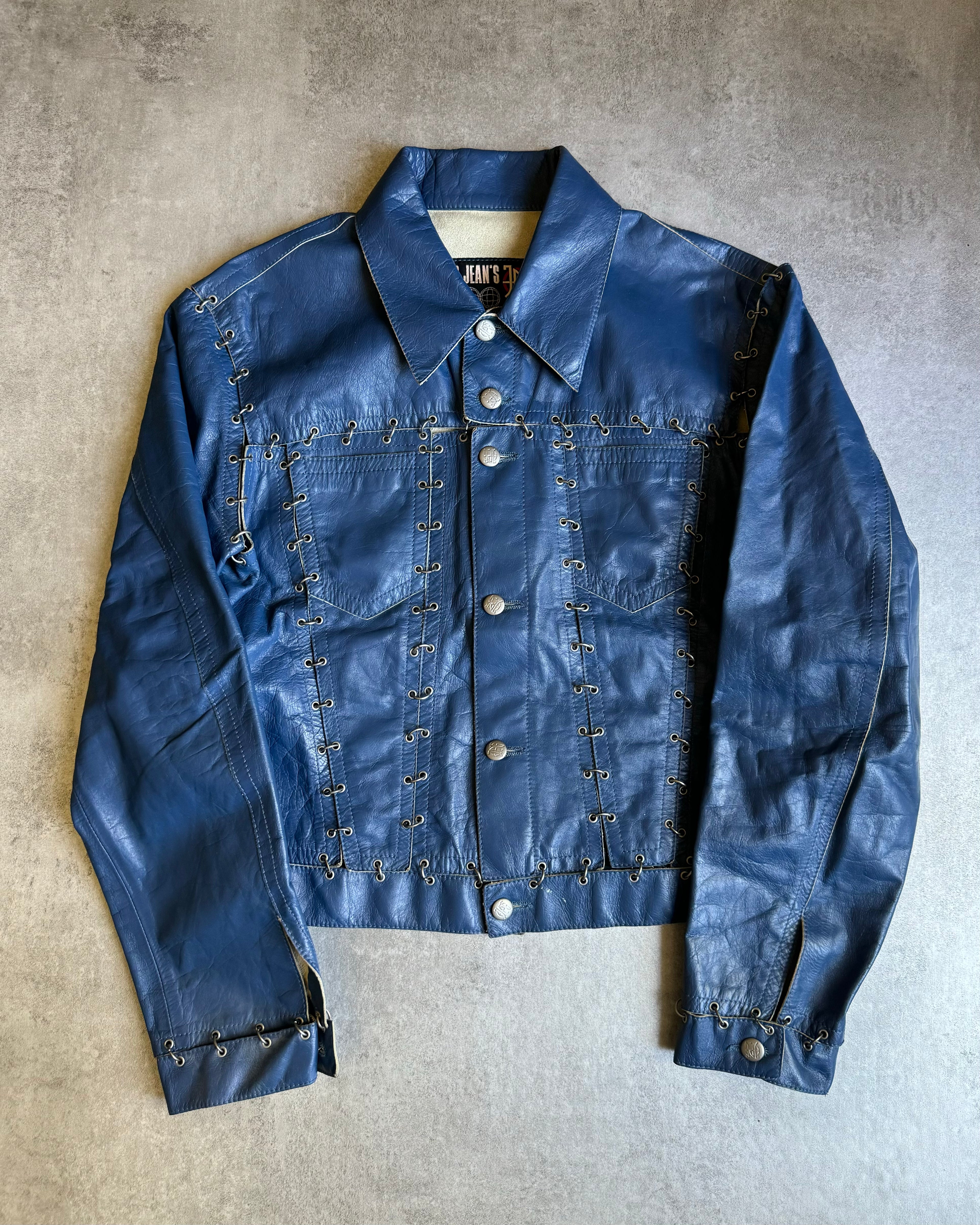 SS2003 Jean Paul Gaultier Pierced Blue Leather Trucker Jacket (S/M SS2003 Jean Paul Gaultier Pierced Blue Leather Trucker Jacket (S/M