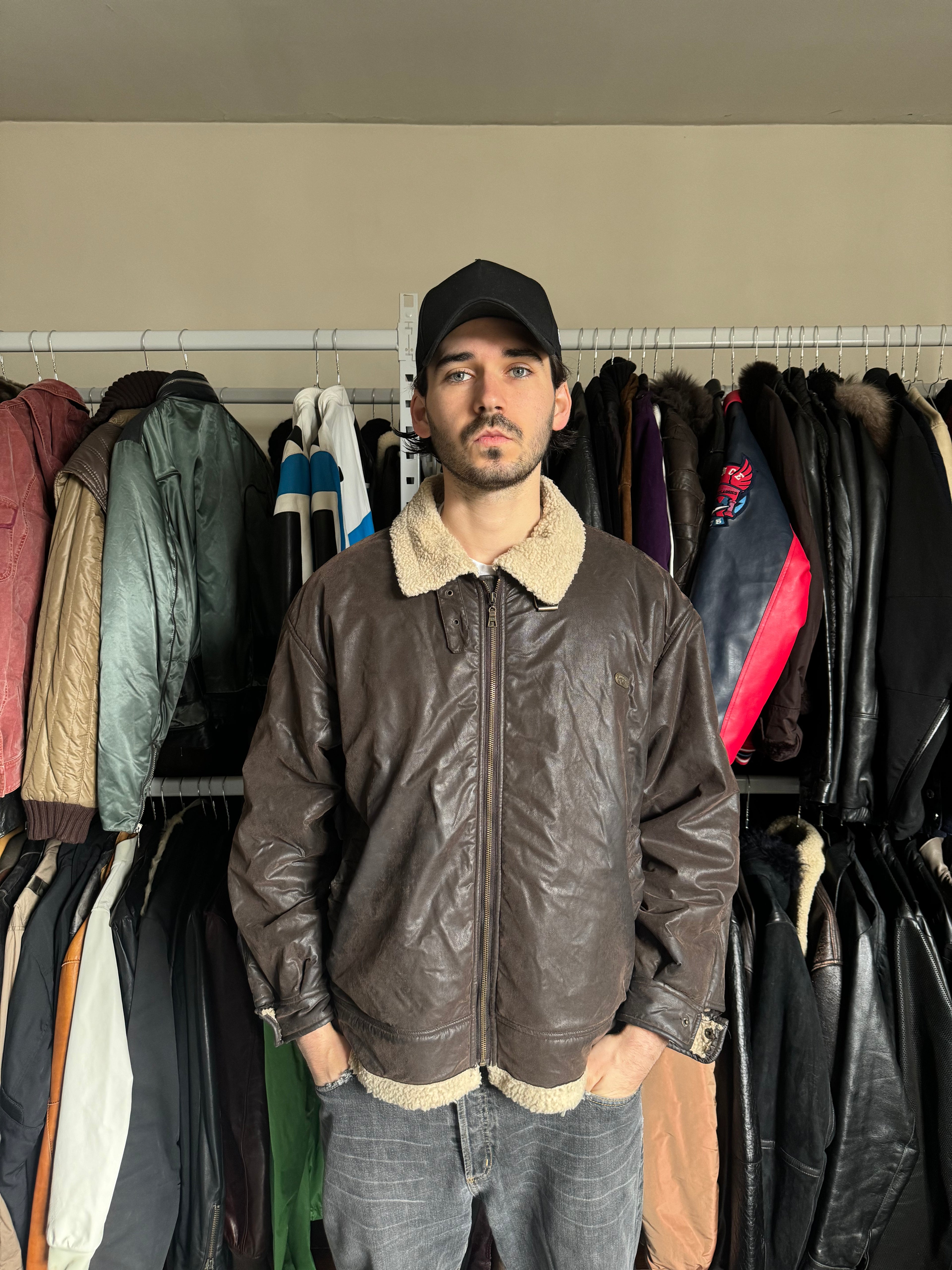 1990s Armani Shearling Brown Leather Jacket (L) - 2