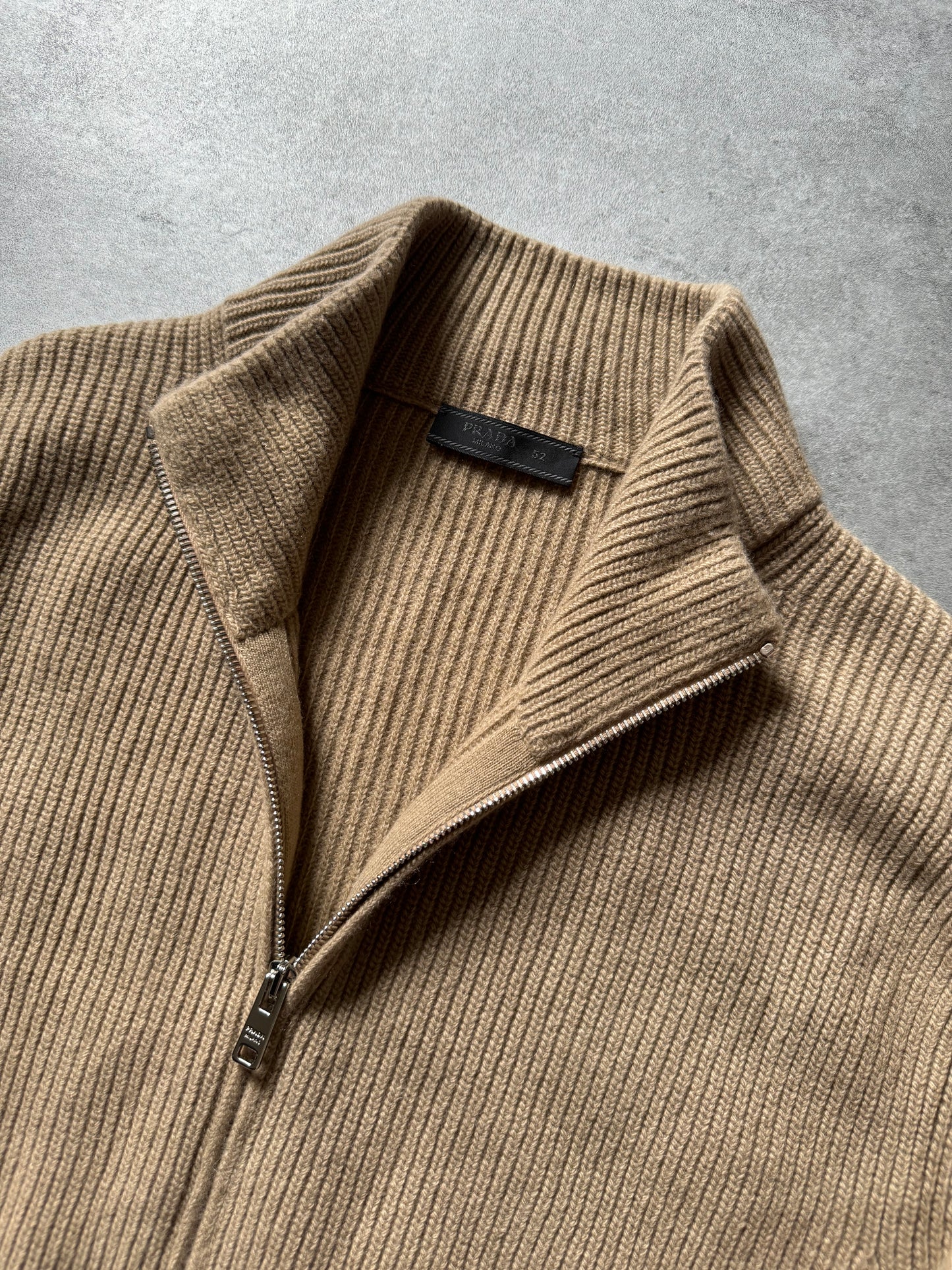 SS2018 Prada Camel Full Zip Wool Minimalist Sweater (L) - 4