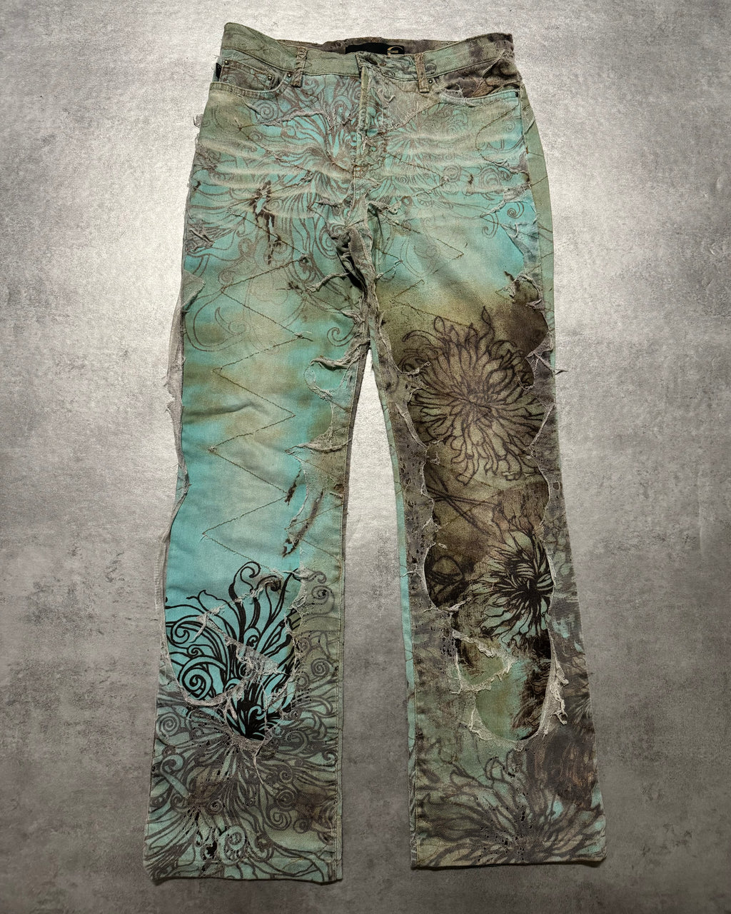2000s Cavalli Destructured Artistic Floral Blue Pants (S) - 1