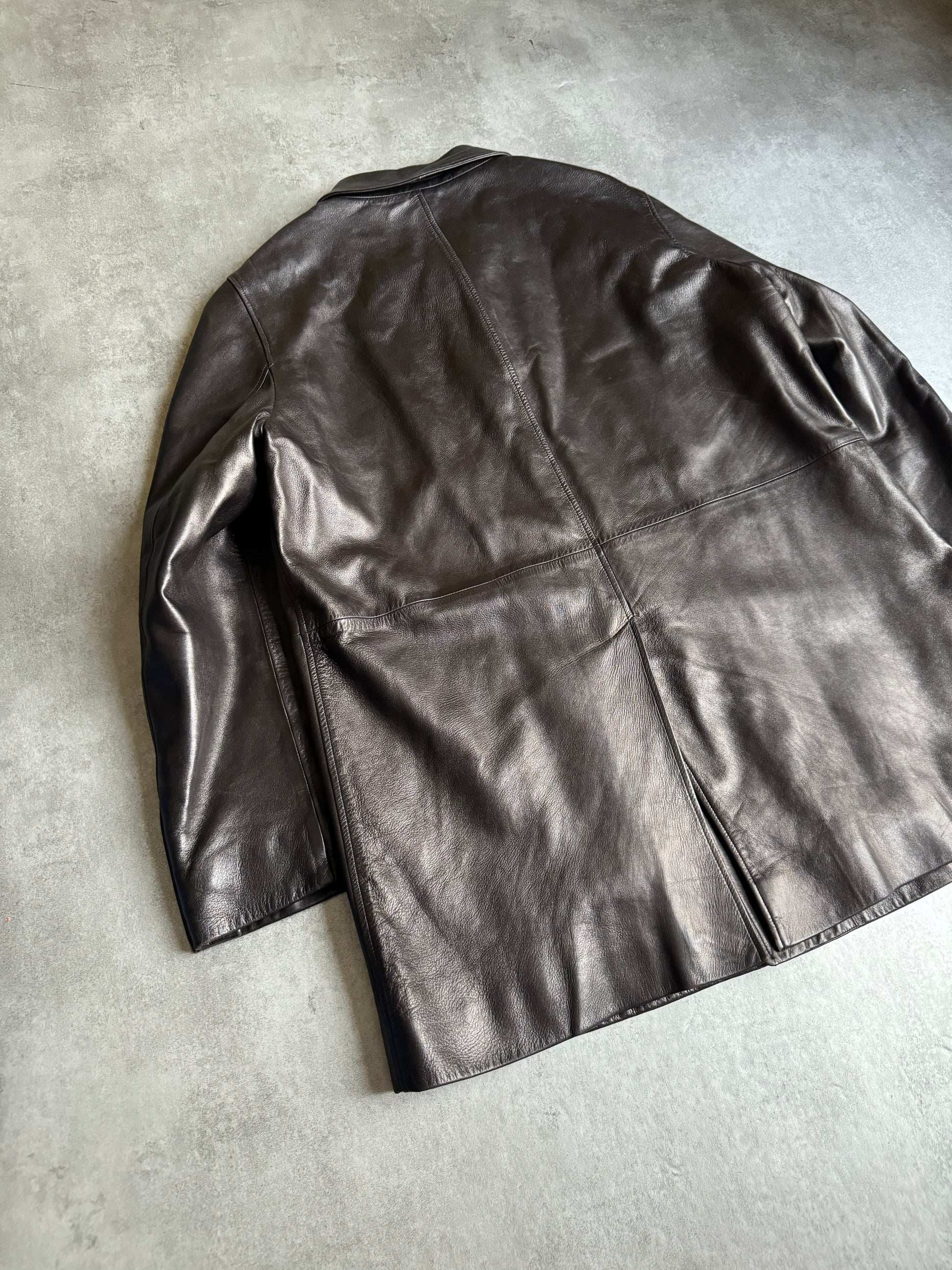 2000s Prada Adonis Hasselt Deep Brown Classy Long Leather Jacket (L/XL) - 5