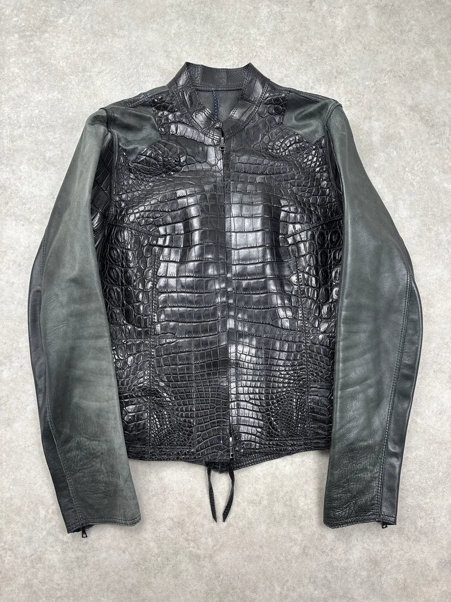 Genuine Crocodile Black Hybrid Stitched Leather Jacket RzQqJpEM 0